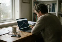 Akcie Alibaba 2026: kurz, graf, dividenda a rizika Investor sledující akciový graf na notebooku v domácí kanceláři s přirozeným osvětlením