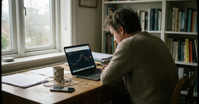 Investor sledující akciový graf na notebooku v domácí kanceláři s přirozeným osvětlením
