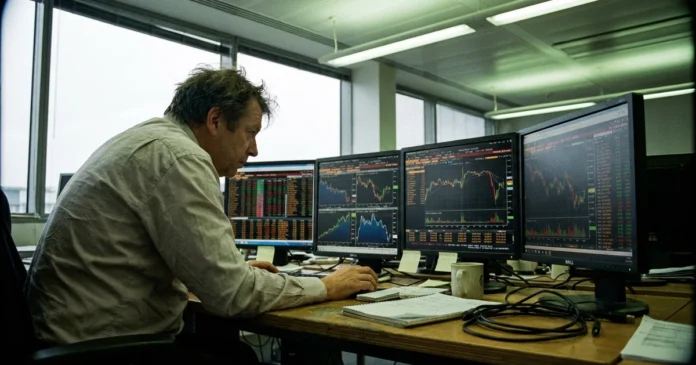 akcie-alphabet-google-uvodni-20260806-ai1 Investor sleduje kurz akcií a finanční grafy Alphabetu na počítačových monitorech v kancelářském prostředí