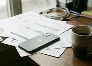 iPhone na pracovním stole s vytištěnými akciovými grafy a šálkem kávy v přirozeném denním světle