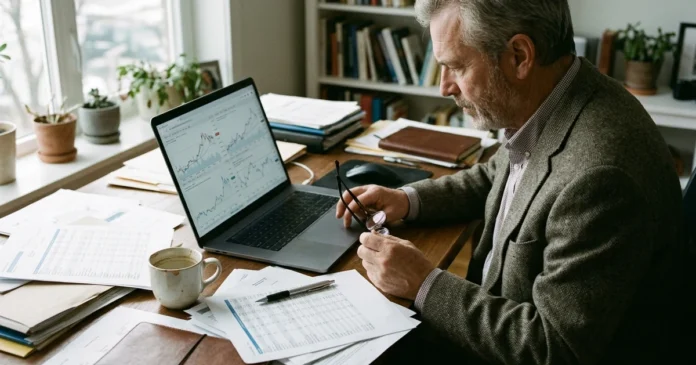 akcie-berkshire-hathaway-uvodni-20260813-ai1 Investor ve home office analyzuje graf akcií Berkshire Hathaway na notebooku mezi papíry s finančními daty