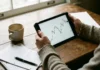Investor kouká na tablet s grafem akcií Disney, rozhoduje se o nákupu