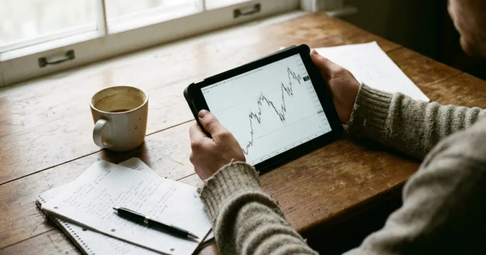 Investor kouká na tablet s grafem akcií Disney, rozhoduje se o nákupu