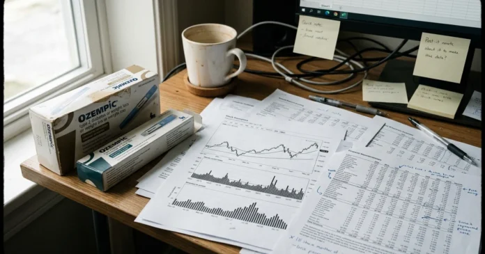 akcie-eli-lilly-uvodni-20260813-ai1 Pracovní stůl s farmaceutickým léčivem Eli Lilly a finančními grafy symbolizující spojení medicíny a investičního potenciálu akcií