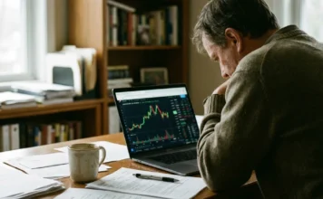 Investor pracuje s grafy akcií a finančními daty na notebooku u domácího pracovního stolu