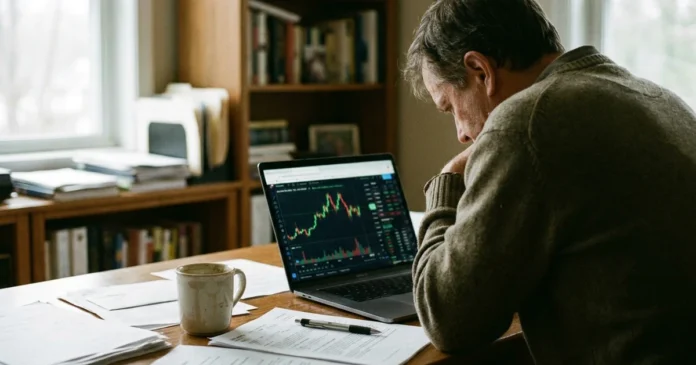 Investor pracuje s grafy akcií a finančními daty na notebooku u domácího pracovního stolu