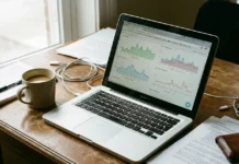 Investor sledující analytické grafy akcií a finanční data na notebooku
