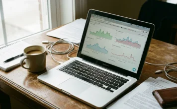 Investor sledující analytické grafy akcií a finanční data na notebooku