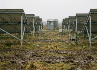 Investice do fotovoltaiky: výnos, nebo jen úspora? Průmyslová farma s řadami fotovoltaických panelů fotografovaná ze strany s viditelným vojenským vybavením a kabely